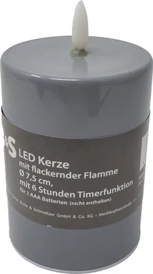 A gray LED candle with a white flame and a label wrapped around it.