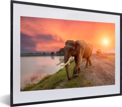 Produktbild von MuchoWow® MuchoWow® Gerahmtes Poster Elefant - Wasser - Tiere - Sonnenuntergang - Natur 60x40 cm - Poster mit zchwarzem Bilderrahmen - Schlafzimmer - Plakat in Rahmen - Drucken