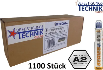 Produktbild von 34° Streifennägel 2,8x63mm Ring rostfrei A2 1x Gas für Paslode IM90Ci IM90Xi IM100Ci IM100Xi 1,1M