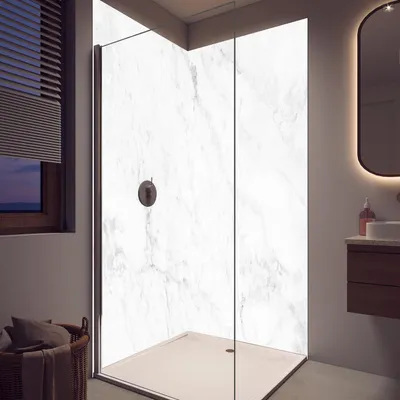 Produktbild von Duschrückwand Wandverkleidung für Dusche aus ALU Matt 0,3 cm - 90 x 200 cm - Hochwertige Weiße Marmoroptik mit Grauanteilen