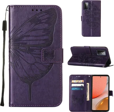 Produktbild von Galaxy A72 4G Hülle, Schmetterling Prägung Flip Leder Kartenfächer Schutzhülle Ledertasche mit Ständer für Samsung Galaxy A72 4G / 5G Lila