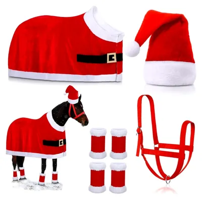 Produktbild von Weihnachts-Pferdekostüm, rotes Outfit mit Weihnachtsmütze, Beinwickel, Sattel und Halfter für Winterfeiertage, Partys und Paraden