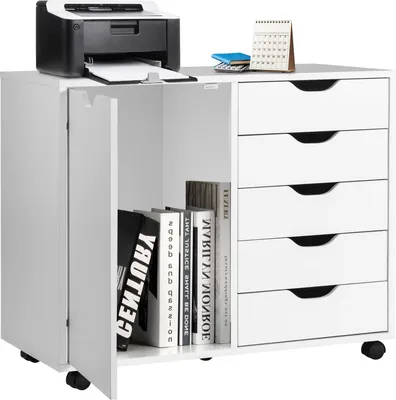 Produktbild von COSTWAY Rollcontainer mit 5 Schubladen, mobiler Aktenschrank mit Tür, Arbeitsplatte & Rollen, Rollwagen Schubladenschrank modern für Büro Wohnzimmer, 79 x 39 x 65cm