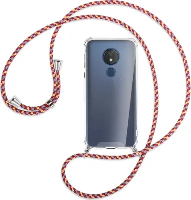 Produktbild von Handykette Backcover-Schutzhülle mit Band (Metall silberfarben) für Motorola Moto G7 Power - weinrot/gelb/grau