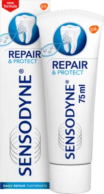 A product shot of Sensodyne Repair & Protect toothpaste.