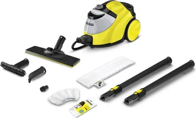 A steam cleaner and its various attachments are displayed against a white background.