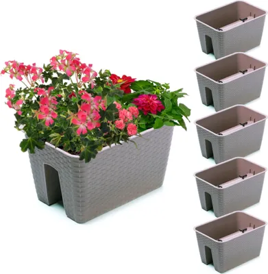 Produktbild von Satz von 5 Stck Balkonkiste 13 L Blumenkasten Geländerkasten Balkonkasten Geländertopf 27,2 cm x 39,6 cm H 22,5 cm Farbe Mokka Rattan-Imitat Quadrat aus Kunststoff Modern Glamour Geschenkdekoration