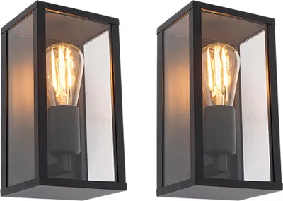 Produktbild von Qazqa Industrial außen Wandleuchte, Außenlampe mit Glas, Wandlampe für den Garten - Charlois - Schwarz, max. 40W, Geeignet für LED, 14cm, IP44, Im 2er-Set.