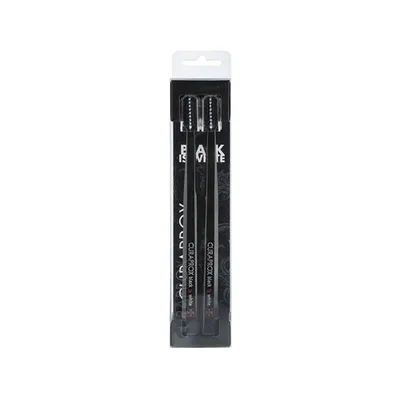 A package of three black toothbrushes is shown against a white background.
