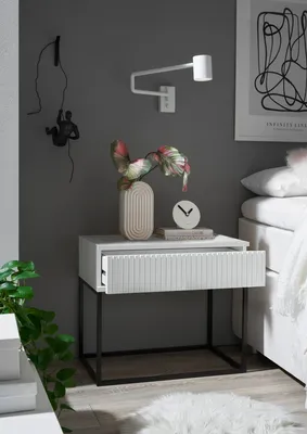 Image de MARLE Nachttisch in Weiß - Moderner Nachtschrank mit Schublade und schwarzem Metallgestell - 60 x 52 x 38,5 cm (B/H/T)
