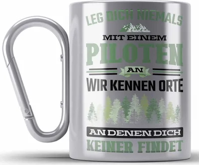 Produktbild von Trendation - Pilot Geschenk Edelstahl Tasse Karabiner Flugzeug Fliegen Geschenkidee Piloten Karabiner Edelstahl Tasse Karabiner Edelstahl (Silber)