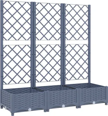 A three-section planter box with a trellis.