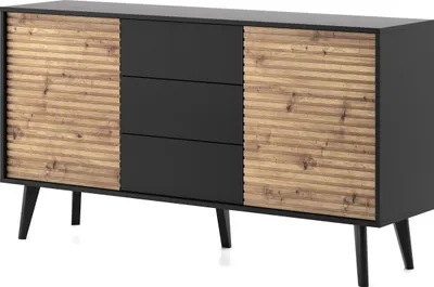 Produktbild von DomoHome Kommode Sideboard Loft-Style WILLOW Schwarz + Artisan Eiche 104x83x39 cm – 2 Türen, 3 Schubladen, Griffloses Öffnungssystem, Modernes Design für Wohnzimmer