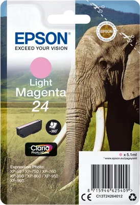 Productafbeelding van Epson Elephant Inktpatroon 24, Claria Photo HD Lichtmagenta, Standaard opbrengst, Paars, Pigmentinkt, 5,1 ml, 1 stuk, Verpakt per stuk