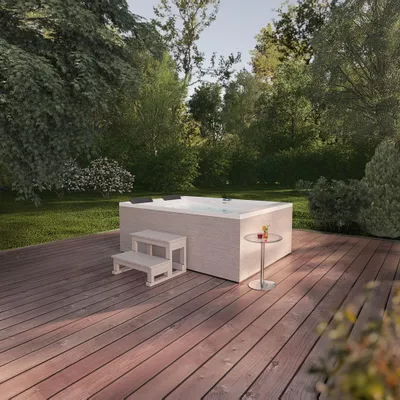 Produktbild von HOME DELUXE - Outdoor Whirlpool NIMBUS PURE– ohne Treppe und Thermoabdeckung - Maße: 190 x 140 x 70 cm- Inkl. Heizung, 18 Massagedüsen I Außen Whirlpool für 2 Personen, KI-generiertes Bild