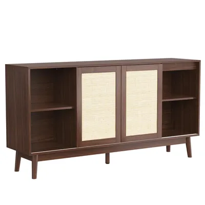 Produktbild von MODFU Sideboard mit 3 Rattan Türen und 2 Schubladen, Schrank Buffetfür Wohnzimmer, Schlafzimmer, Kinderzimmer, Jugendzimmer und Büro, Nussbaum