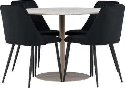 Image de Lycke ensemble pour salle à manger table Ø110cm et 4 chaises velours beige.