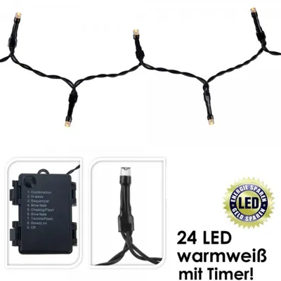 Produktbild von 24 LED Lichterkette Beleuchtung warmweiß Timer 8 Funktionen Batteriebetrieben