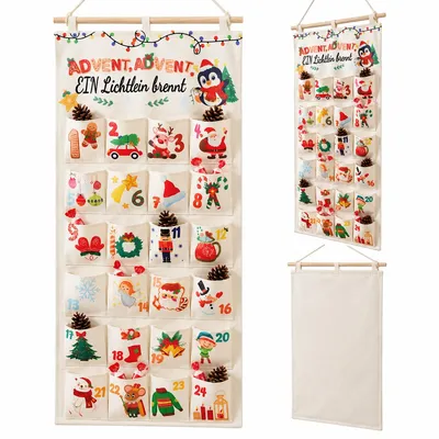 Produktbild von Adventskalender zum Befüllen aus Stoff, 24 Taschen, Weihnachtsmotive, wiederverwendbar, zum Aufhängen, 50 × 100 cm