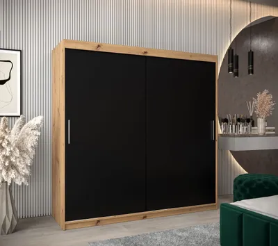 Produktbild von Schwebetürenschrank mit einer Breite von 200 cm TIMEA – Eiche Artisan / Schwarz