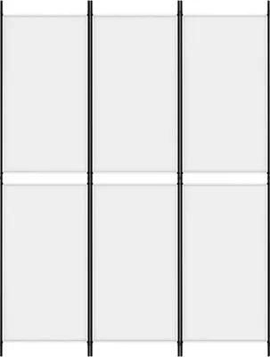 A white room divider with black frames.