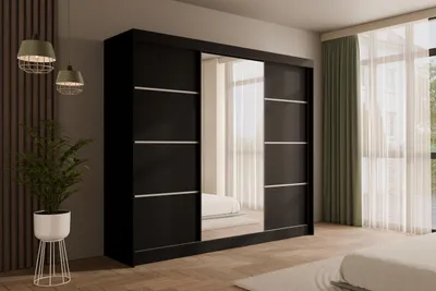 Produktbild von ALTDECOR Kleiderschrank mit Spiegel und Schiebetüren, kugelgelagerte Führungsschienen und Aluminium-Leisten - PAOKI - 250 cm Schwarz