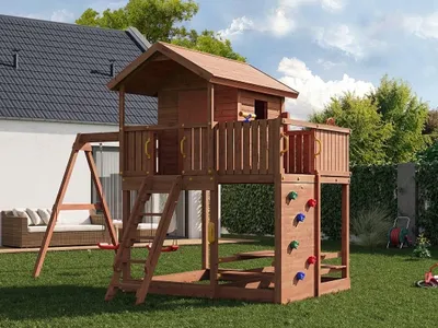Produktbild von Fungoo Teakfarben Spielturm Stelzenhaus Moonlight, Spielhaus mit Doppelschaukel, Kletterwand, Sandkasten, Picknicktisch, Sicherheitspaket, Holzspielgerät aus Kiefer