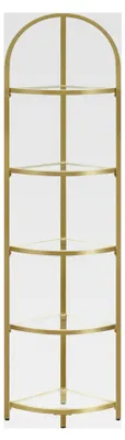 Produktbild von Eckregal mit 5 Ebenen, Bücherregal, Pflanzenregal, Standregal, Badezimmerregal, Ablagen aus Hartglas, Stahlrahmen, modern, für Wohnzimmer und Küche, in metallischem Gold