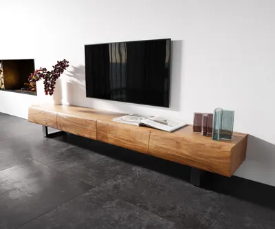 Produktbild von DELIFE Lowboard New Live-Edge 240 cm Akazie Natur 4 Schubladen Kufe Metall Schwarz