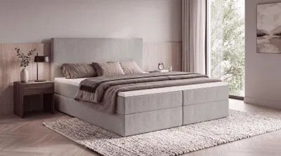 Produktbild von Boxspringbett SENTO 160x200 cm mit Bettkasten, Bonell-Matratze H3 und Topper – Bouclé Hellgrau
