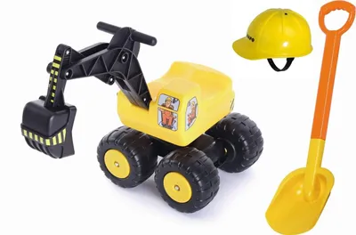 Productafbeelding van Mobby-Dig bouwmachine set: 3-delig, bestaande uit een zitgraafmachine, een bouwvakkerhelm en een schep