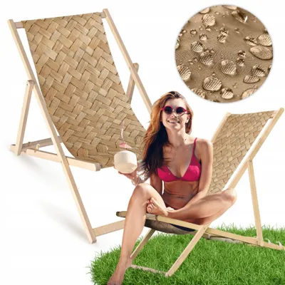 Produktbild von Liegestuhl klappbar aus Holz mit Flechtmuster – Klappstuhl Klappliege Sonnenstuhl Strandstuhl Gartenliege