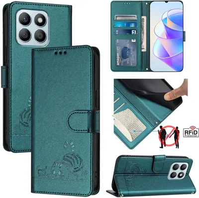 Produktbild von Leder Hülle für Honor X6a Süße Katze Flip Case Brieftasche Schutzhülle mit Standfunktion Grün