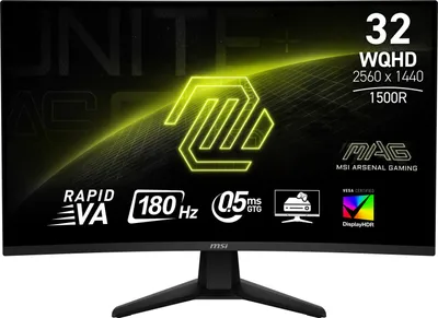 A marketing image for an MSI gaming monitor, showcasing its features and specifications.