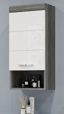 Produktbild von Badezimmer Hängeschrank "Shawn" weiß Hochglanz und Rauchsilber grau Badschrank