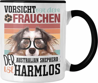Produktbild von Trendation - Australian Shepherd Besitzerin Frauchen Tasse Geschenk Lustiger Spruch Geschenkidee Vorsicht Vor Dem Frauchen (Schwarz)