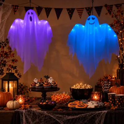 Produktbild von Halloween Deko, Halloween Dekoration Outdoor, schwebende Geister 2er Set, zwei Gesichter, beleuchtete Hängedeko für Garten, Veranda und Party