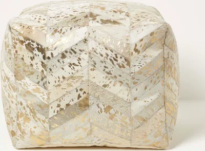 Immagine prodotto di HOMESCAPES Pouf patchwork con motivo Chevron in pelle e pelliccia color crema-grigio-oro, 50 x 40 cm