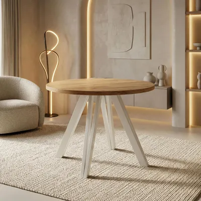 Produktbild von Runder Esstisch 100 cm mit Weißen Holzbeinen aus Buchenholz – Moderner Tisch für Esszimmer, Küche und Wohnzimmer – Platzsparender Tisch für 4 Personen –  Eiche Braun