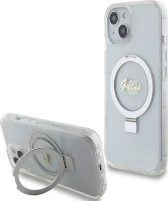 Obrázok produktu pre Guess Ring Stand Script Glitter Magsafe Puzdro Pre Iphone 15 / 14 / 13 - Priehľadné