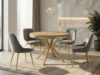 Produktbild von Runder Ausziehbarer Esstisch - Loft Style Tisch mit Goldenen Metallbeinen - 120 bis 200 cm - Industrieller Tisch für Wohnzimmer - Kompakt - 120 cm - Lancelot Eiche