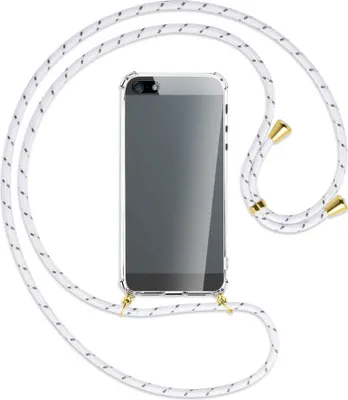 Produktbild von Handykette Backcover-Schutzhülle mit Band (Metall goldfarben) für Apple iPhone 5, 5S, SE - weiß/grau