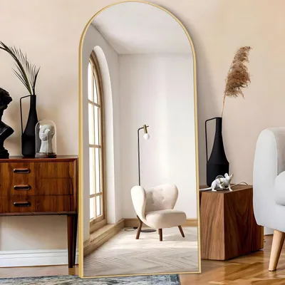 Immagine prodotto di Specchio a figura intera, 192 x 85 cm, con bordo curvo, cornice in alluminio dorato. Può essere appeso, posizionato a terra o inclinato