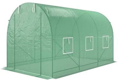 Produktbild von Foliengewächshaus Tomatenhaus, Gewächshaus 350x200x200 cm, Folientunnel PE verzinkter Stahl, Grün | Erdanker & Seile inklusive | 6 Fenster