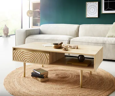 Produktbild von DELIFE Couchtisch Budaya 115x60 cm Mango Natur 2 Schubfächer Fuß rund