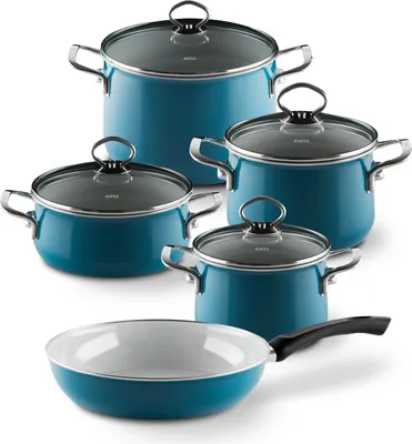 Produktbild von Riess Nouvelle Aquamarin Geschirr Set 5 teilig Emaille extrastark