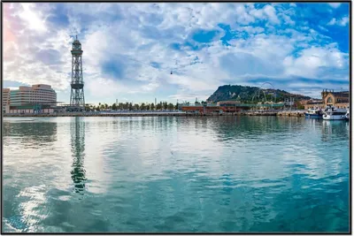 Produktbild von Wallario Wandbild Panorama des Hafens von Barcelona, Größe: 61 x 91,50 cm, Poster mit schwarzem Aluminiumrahmen