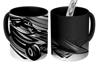 Obrázok produktu pre KitchenYeah® Magický hrnček Magický hrnček Čiernobiela ilustrácia auta z Formuly 1 350 ml hrnček na zmenu farby nápad na darček - Magický hrnček - fotohrnček - keramické hrnčeky - obrázok