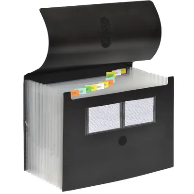 An open black accordion folder with labeled dividers.