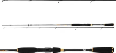 Three fishing rods are shown against a white background. The bottom rod is a close-up of the handle.